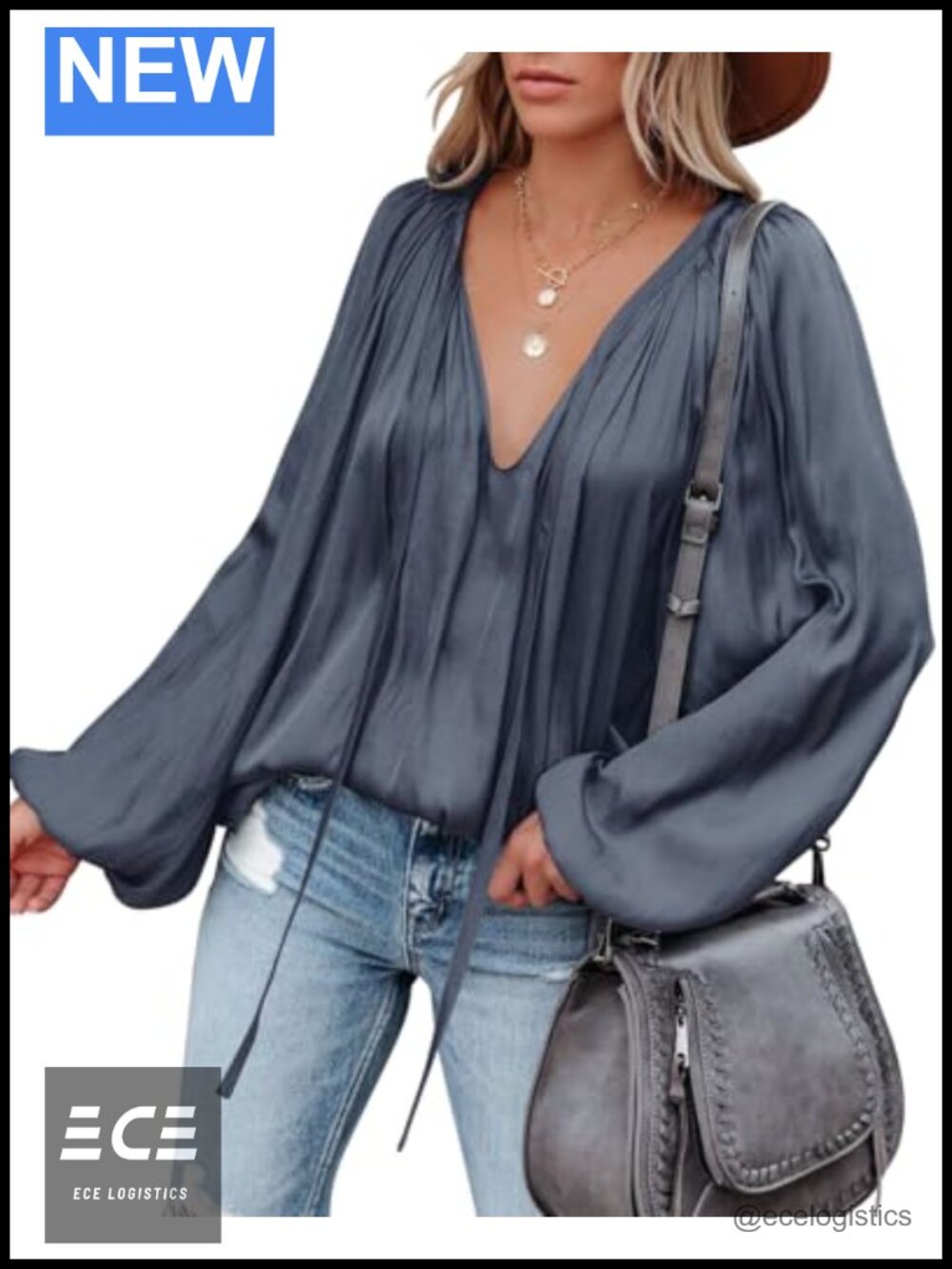 Women's Satin Deep V Neck Bell Long Sleeve Blouse Flowy Tunic Top